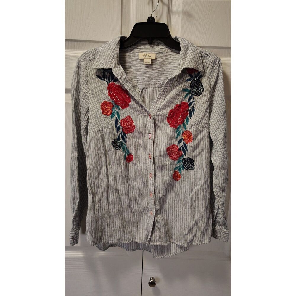 Style & Co‎ Floral Embroidered Striped Button-Down Shirt Large
